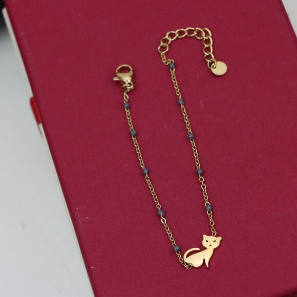 Cute Cat Design Yellow Gold Bracelet with Blue Bead Detailing, XPBL0614 - Picture 12 of 12